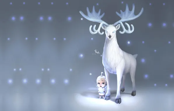 Winter, snow, deer, fantasy, art, children's, ji chang chol, Deer with baby