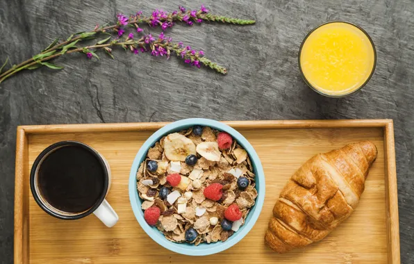 Berries, coffee, juice, cereal, croissant