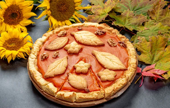 Leaves, photo, sunflower, pie, cakes