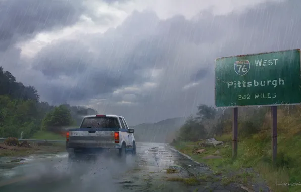 Picture road, machine, rain, art, The Last of Us