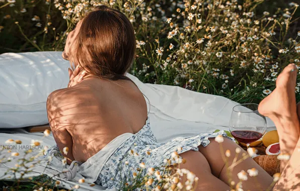 GRASS, GREENS, ASS, FLOWERS, GLASS, SUNDRESS, PHOTOGRAPHER ANTON HARISOV