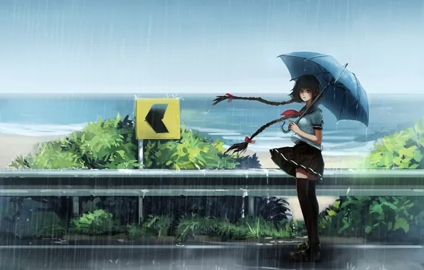 Picture girl, sea, umbrella, anime, asian, japanese, asiatic, uniform