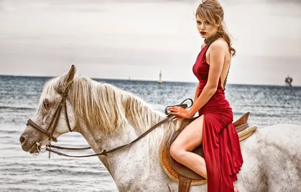 Girl, horse, dress, in red