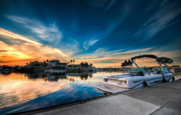 The sky, sunset, dawn, boat, home, Sunset, obloka, blue sky