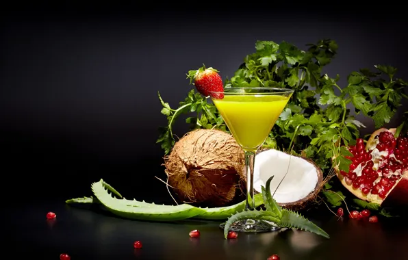 Glass, coconut, strawberry, juice, parsley, garnet, aloe