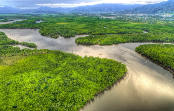 Greens, mountains, river, field, HDR, boats, Australia, panorama