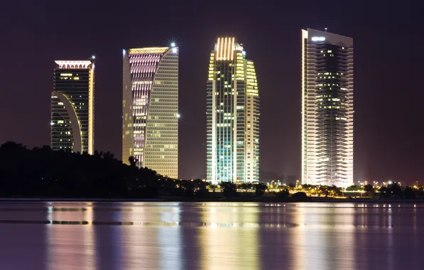 Picture night, the city, lights, river, skyscrapers