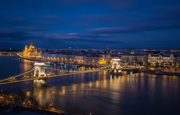 Night, bridge, lights, river, Parliament, Hungary, Budapest