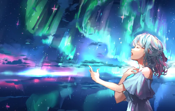 Ice, the sky, girl, night, Northern lights, sings