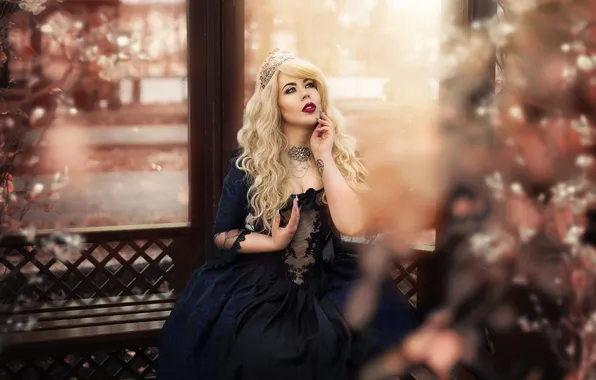 Look, glass, girl, light, decoration, bench, branches, face