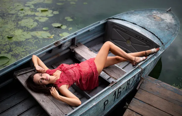 Girl, pose, boat, dress, legs, Dmitry Shulgin