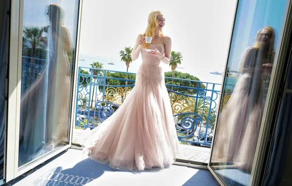 Sea, girl, pose, photo, laughter, dress, balcony, Elle Fanning