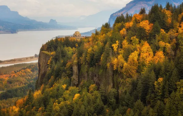 Picture autumn, mountains, open, rocks, shore, building, height, pond
