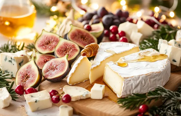 Light, lights, berries, table, wine, cheese, honey, grapes
