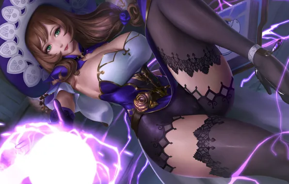 Girl, magic, fantasy, witch, Lisa, Genshin Impact, limgae