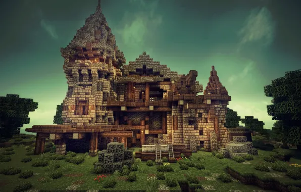 The sky, grass, house, tree, composition, Minecraft