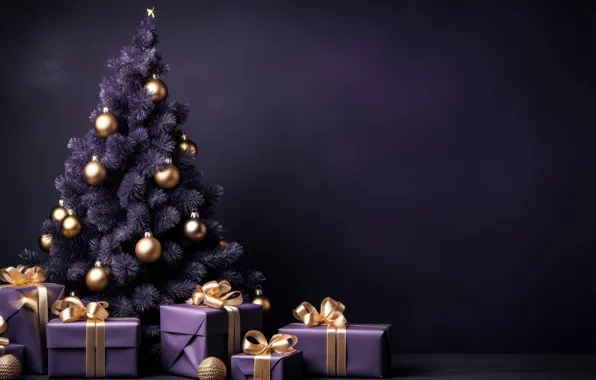 Balls, the dark background, Christmas, purple, gifts, New year, tree, bows