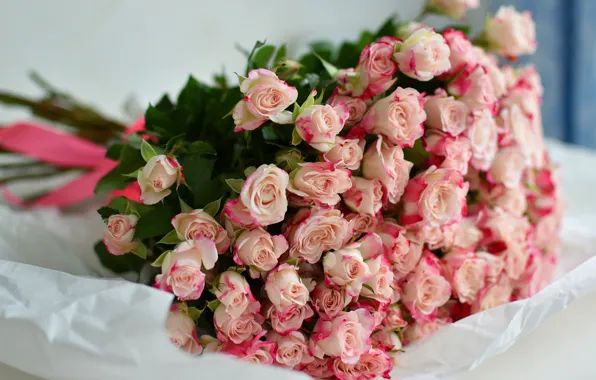 Flowers, paper, background, roses, bouquet, light, lies, pink