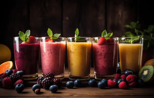 Berries, juice, glasses, digital art, smoothies, AI art, neural network, the art of artificial intelligence