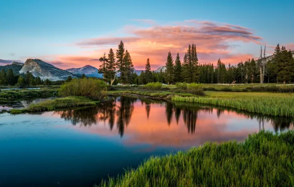 Forest, sunset, mountains, nature, lake