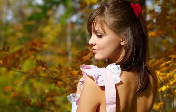 Autumn, girl, smile, foliage, profile, brown hair, Emily, barrette