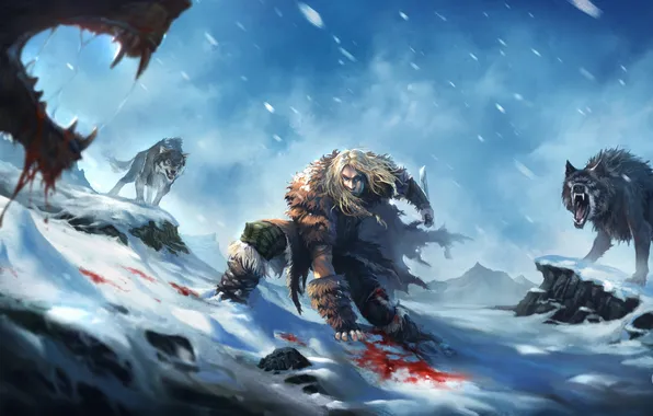 Picture winter, snow, weapons, blood, art, knife, wolves, fur