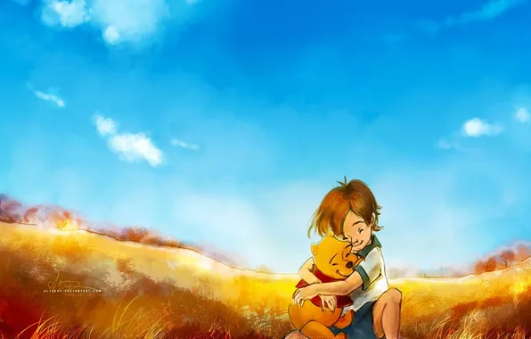 Picture field, grass, clouds, childhood, boy, smile, hug, Vinnie