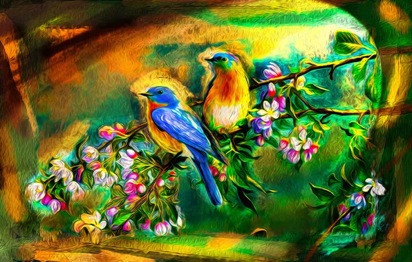 Flowers, birds, branch, art