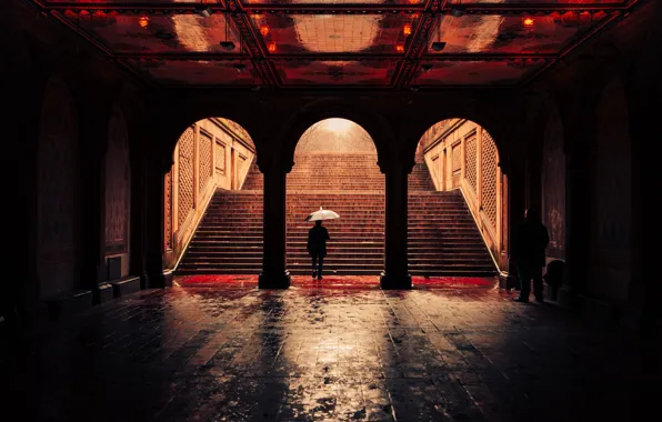 United States, umbrella, New York, man, Central Park, raining, Bethesda Terrace Arcade