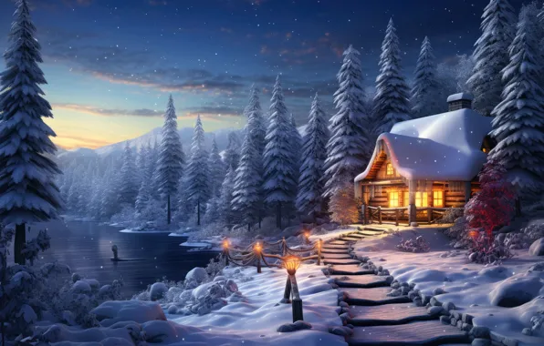 Winter, forest, snow, night, house, Christmas, New year, house