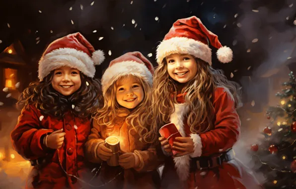 Joy, night, children, holiday, girls, Christmas, New year, herringbone