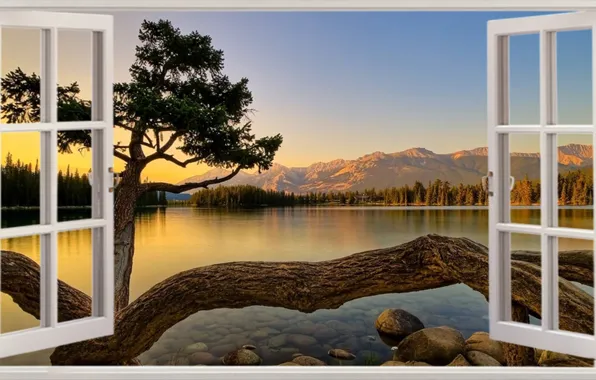 Sunset, Mountains, Lake, Window