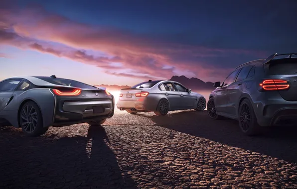 Picture Mercedes-Benz, BMW, Cars, Sunset, GLA45 AMG, M3, i8