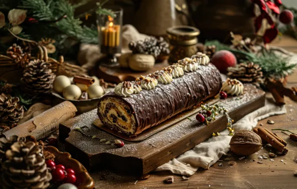 Table, Christmas, pie, New year, dessert, cakes, cutting, roll