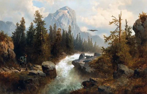 Clouds, Mountains, Bird, Trees, River, Picture, Hunter, Austrian artist