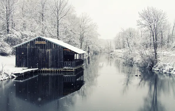 Winter, house, river