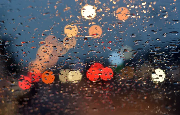 Picture glass, water, drops, lights, lights, rain, rain, night