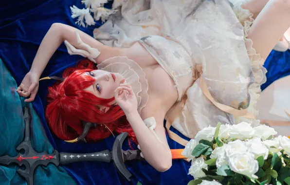 Weapons, Asian, red hair, beautiful girl, the view from the top, big Breasts, cosplay, cosplay