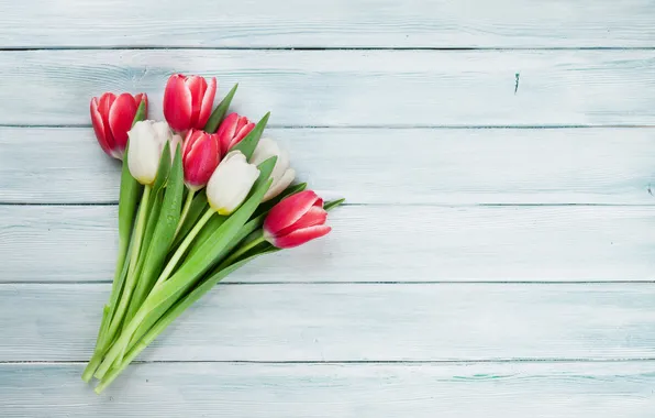 Flowers, bouquet, tulips, red, white, wood, flowers, tulips