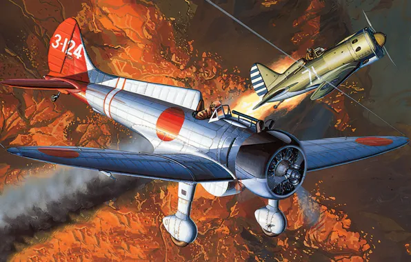 Picture art, airplane, aviation, ww2, MITSUBISHI, A5M, claude