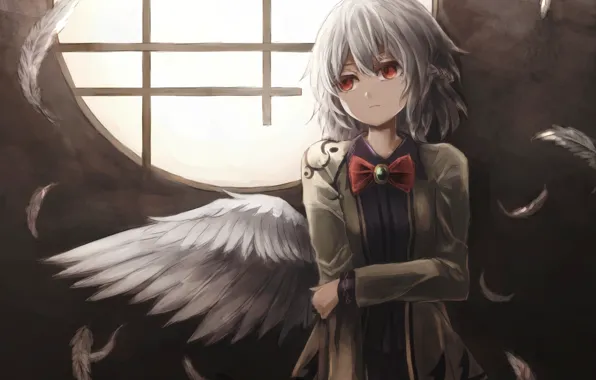 Picture girl, wings, anime, feathers, art, touhou, kishin sagume, thkani