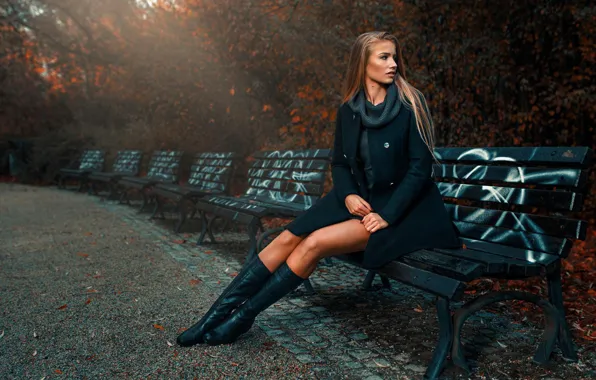 Autumn, girl, style, Park, benches, Asia Piorkowska