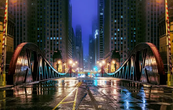 Road, water, reflection, night, bridge, the city, lights, street