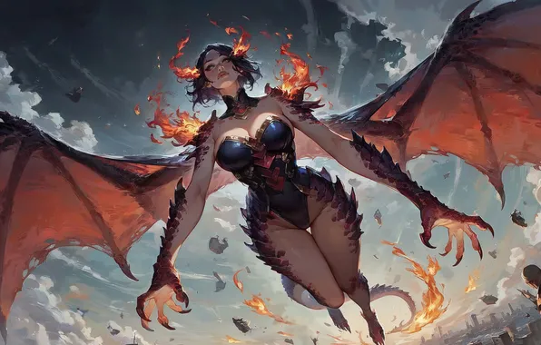 Girl, fire, dragon, wings, flies