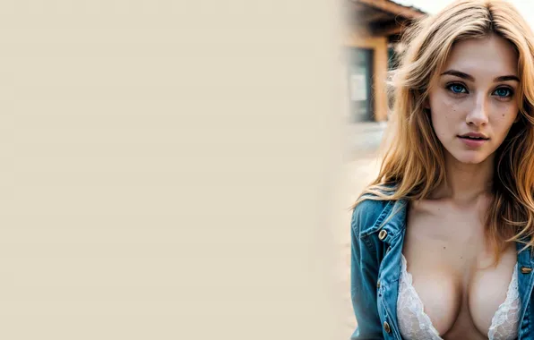 Girl, face, linen, blonde, neckline, denim jacket