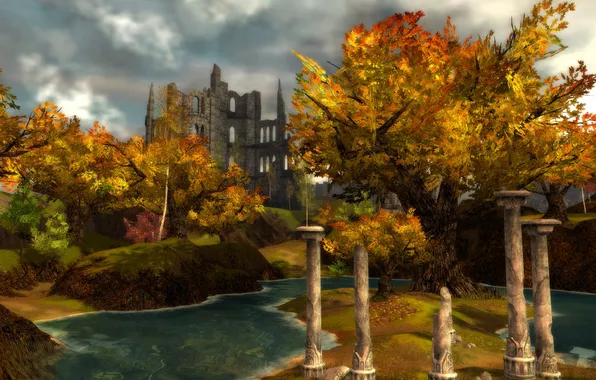 Autumn, trees, river, the ruins, columns, ruins, Guild Wars
