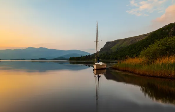 Sunset, lake, hills, boat, the evening