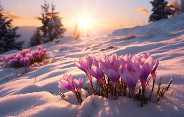 The sun, light, snow, flowers, glade, spring, crocuses, pink