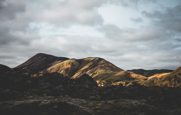 Sky, nature, mountains, clouds, hills, stones, Iceland, ground
