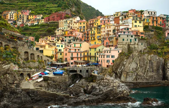 Sea, rocks, home, Italy, Manarola, Cinque Terre